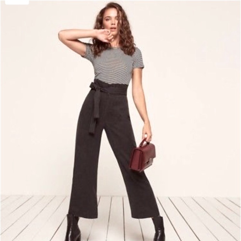 Reformation Gaucho Paperbag High Waist Deep Black Wide Leg Relax Fit Belted Pant